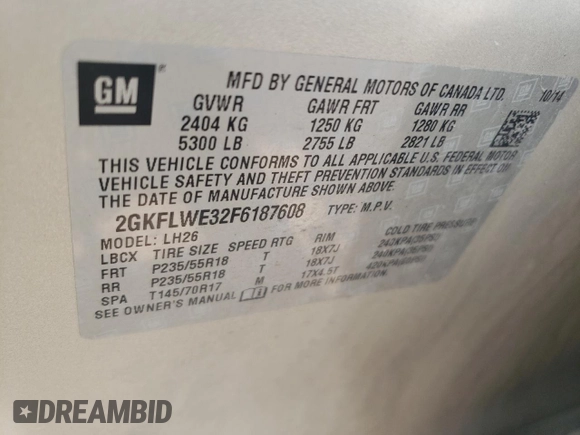 2015 GMC Terrain SLE with VIN 2GKFLWE32F6187608, listed as a Copart auction lot 59372645 with 119,147 mi miles and Clean title. Bid and sale history available at DreamBid. Image 12.