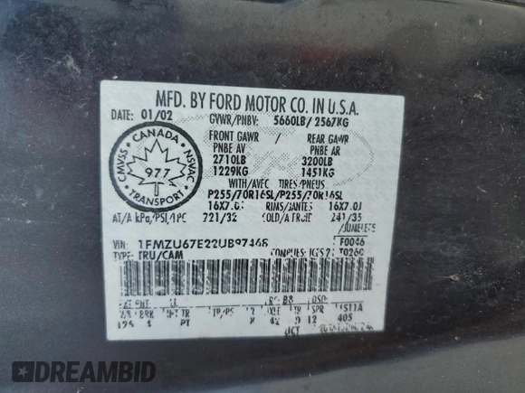 2002 Ford Explorer Sport Trac Value с VIN 1FMZU67E22UB97468, выставлен на аукционе Copart как лот 55223765 с пробегом 133 253 миль миль и Списание • Salvage title. История ставок и продаж доступна на DreamBid. Изображение 12.