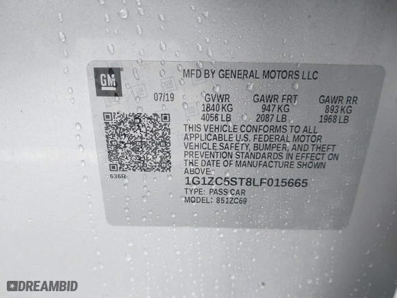 2020 Chevrolet Malibu LS with VIN 1G1ZC5ST8LF015665, listed as a IAAI auction lot 41133020 with 87,738 mi miles. Bid and sale history available at carsss.com. Image 9.