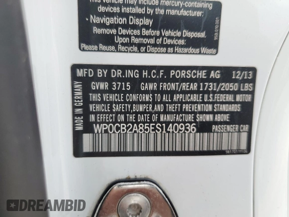 2014 Porsche Boxster S with VIN WP0CB2A85ES140936, listed as a Copart auction lot 60685185 with 64,359 mi miles and Salvage title. Bid and sale history available at DreamBid. Image 12.