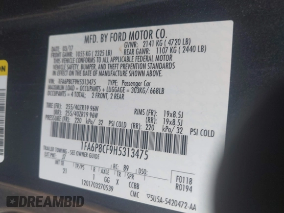2017 Ford Mustang GT with VIN 1FA6P8CF9H5313475, listed as a IAAI auction lot 42069800 with 70,882 mi miles and . Bid and sale history available at carsss.com. Image 9.