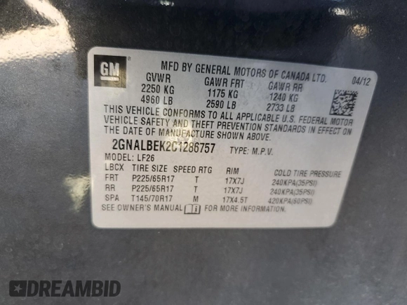 2012 Chevrolet Equinox LS with VIN 2GNALBEK2C1286757, listed as a Copart auction lot 53179655 with 210,844 mi miles and Salvage Title. Bid and sale history available at DreamBid. Image 15.
