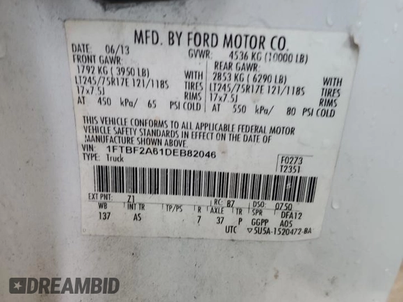 2013 Ford F-250 XL с VIN 1FTBF2A61DEB82046, выставлен на аукционе Copart как лот 56550845 с пробегом 263 763 миль миль и Списание • Salvage title. История ставок и продаж доступна на DreamBid. Изображение 12.