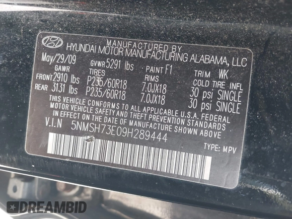2009 Hyundai Santa Fe SE с VIN 5NMSH73E09H289444, выставлен на аукционе IAAI как лот 42592341 с пробегом 124 901 миль миль и . История ставок и продаж доступна на DreamBid. Изображение 9.