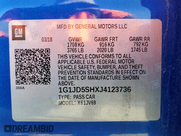 2018 Chevrolet Sonic LT z VIN 1G1JD5SHXJ4123736, wystawiony jako Copart lot #42646795 z przebiegiem 102 620 mil mil oraz Szkoda całkowita • Salvage title. Historia ofert i sprzedaży dostępna na DreamBid. Obrazek 13.