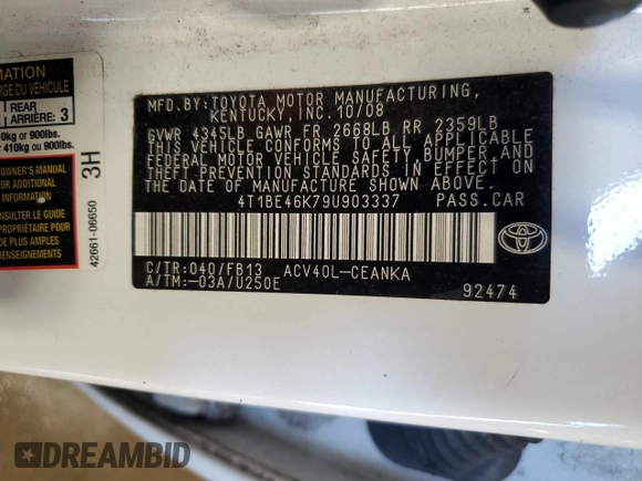 2009 Toyota Camry with VIN 4T1BE46K79U903337, listed as a Copart auction lot 54561145 with 252,622 mi miles and Salvage Title. Bid and sale history available at DreamBid. Image 12.