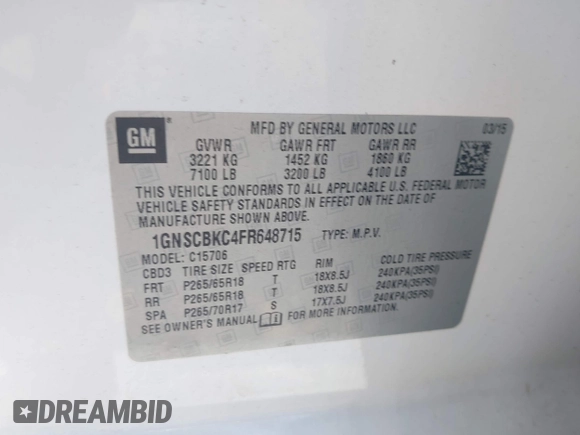 2015 Chevrolet Tahoe LT with VIN 1GNSCBKC4FR648715, listed as a IAAI auction lot 42267719 with Not provided miles and . Bid and sale history available at DreamBid. Image 9.