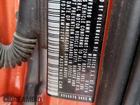 2019 Volkswagen Beetle S с VIN 3VWFD7AT9KM712147, выставлен на аукционе Copart как лот 51871395 с пробегом 39 831 миль миль и Списание • Salvage title. История ставок и продаж доступна на DreamBid. Изображение 14.