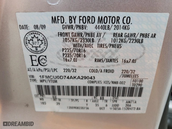 2010 Ford Escape XLT with VIN 1FMCU0D74AKA29043, listed as a Copart auction lot 67198014 with 0 mi miles and Salvage Title. Bid and sale history available at carsss.com. Image 12.
