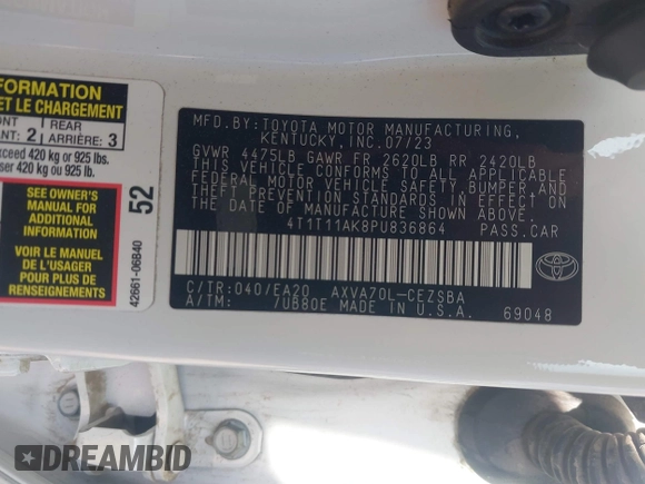 2023 Toyota Camry SE with VIN 4T1T11AK8PU836864, listed as a IAAI auction lot 41933124 with 50,263 mi miles and . Bid and sale history available at DreamBid. Image 9.