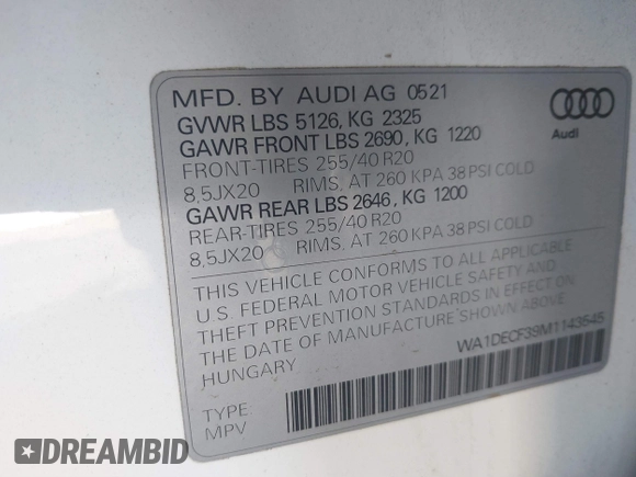 2021 Audi Q3 S line Premium with VIN WA1DECF39M1143545, listed as a IAAI auction lot 41499725 with 27,998 mi miles. Bid and sale history available at carsss.com. Image 9.