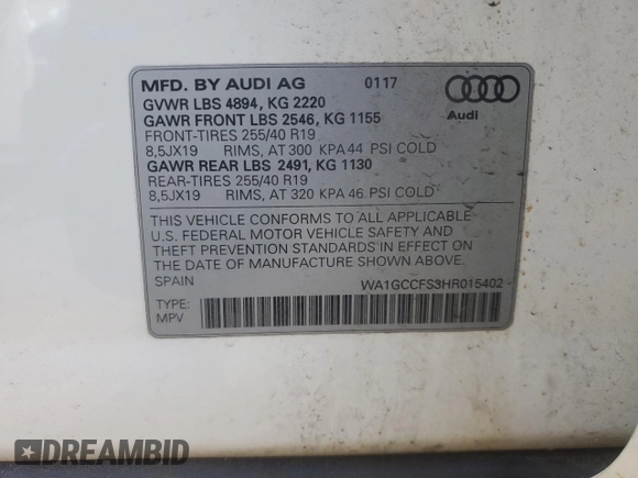 2017 Audi Q3 Prestige with VIN WA1GCCFS3HR015402, listed as a Copart auction lot 87809225 with 35,473 mi miles and Salvage Title. Bid and sale history available at carsss.com. Image 15.
