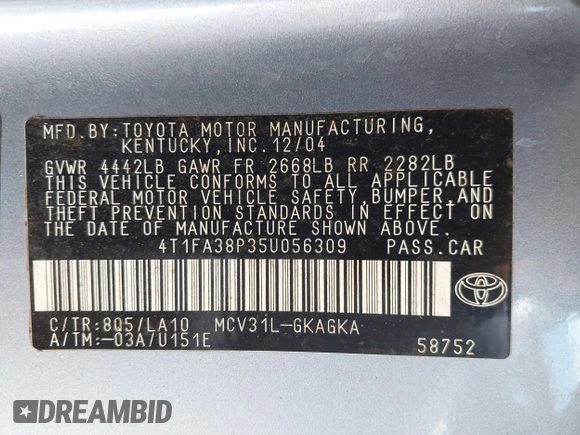 2005 Toyota Solara SE с VIN 4T1FA38P35U056309, выставлен на аукционе IAAI как лот 42532011 с пробегом 233 802 миль миль и . История ставок и продаж доступна на DreamBid. Изображение 9.