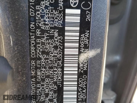 2018 Toyota Prius Two with VIN JTDKBRFU4J3072773, listed as a Copart auction lot 56570495 with 127,886 mi miles and Clean Title. Bid and sale history available at DreamBid. Image 12.