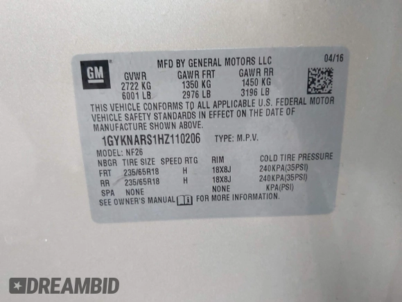 2017 Cadillac XT5 FWD с VIN 1GYKNARS1HZ110206, выставлен на аукционе IAAI как лот 42340366 с пробегом 53 165 миль миль и . История ставок и продаж доступна на DreamBid. Изображение 9.
