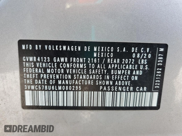 2020 Volkswagen Jetta S z VIN 3VWC57BU6LM080295, wystawiony jako Copart lot #54956115 z przebiegiem 68 069 mil mil oraz Szkoda całkowita • Salvage title. Historia ofert i sprzedaży dostępna na DreamBid. Obrazek 12.