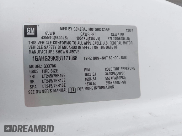 2008 Chevrolet Express Passenger z VIN 1GAHG39K581171068, wystawiony jako IAAI lot #42530215 z przebiegiem 251 871 mil mil oraz . Historia ofert i sprzedaży dostępna na DreamBid. Obrazek 9.