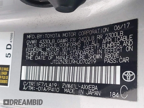 2017 Toyota Prius Two z VIN JTDZN3EU9HJ070219, wystawiony jako IAAI lot #41358297 z przebiegiem 209 303 mil mil oraz . Historia ofert i sprzedaży dostępna na DreamBid. Obrazek 9.