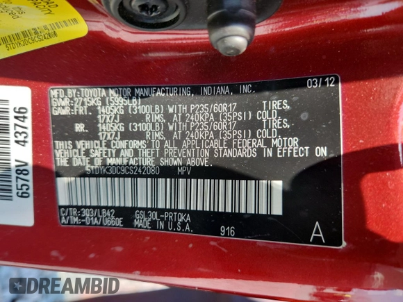 2012 Toyota Sienna XLE AAS с VIN 5TDYK3DC9CS242080, выставлен на аукционе Copart как лот 58374845 с пробегом 152 411 миль миль и Списание • Salvage title. История ставок и продаж доступна на DreamBid. Изображение 14.