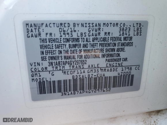 2016 Nissan Sentra SL with VIN 3N1AB7AP4GY297652, listed as a Copart auction lot 76963304 with 0 mi miles and Salvage Title. Bid and sale history available at carsss.com. Image 14.