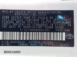 2022 Toyota Camry SE z VIN 4T1G11AK8NU644181, wystawiony jako IAAI lot #41979152 z przebiegiem 30 384 mil mil oraz . Historia ofert i sprzedaży dostępna na DreamBid. Obrazek 9.