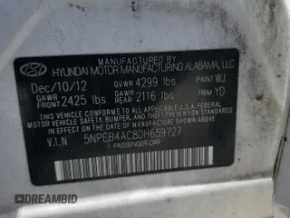 2013 Hyundai Sonata GLS with VIN 5NPEB4AC8DH659727, listed as a Copart auction lot 54721785 with 111,606 mi miles and Salvage Title. Bid and sale history available at carsss.com. Image 12.