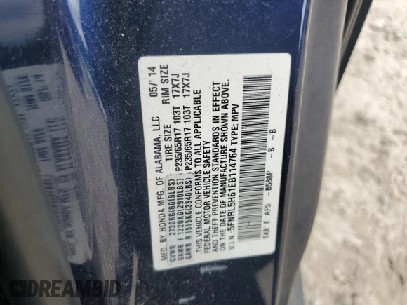 2014 Honda Odyssey EX-L with VIN 5FNRL5H61EB114764, listed as a Copart auction lot 61189305 with 167,185 mi miles and Clean title. Bid and sale history available at DreamBid. Image 14.