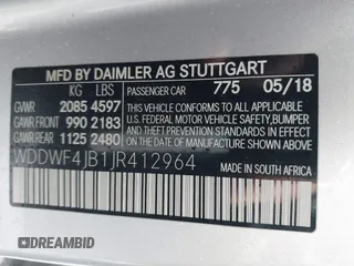 2018 Mercedes-Benz C 300 with VIN WDDWF4JB1JR412964, listed as a IAAI auction lot 41777909 with 81,356 mi miles and . Bid and sale history available at DreamBid. Image 9.