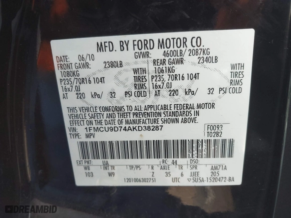 2010 Ford Escape XLT with VIN 1FMCU9D74AKD38287, listed as a IAAI auction lot 41688262 with 162,354 mi miles. Bid and sale history available at carsss.com. Image 9.