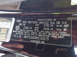 2019 Kia Forte LXS with VIN 3KPF24AD8KE133273, listed as a IAAI auction lot 41816210 with 102,697 mi miles. Bid and sale history available at carsss.com. Image 9.