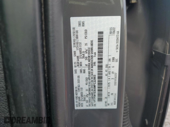 2021 Ford F-150 XL with VIN 1FTFW1E8XMFC22903, listed as a Copart auction lot 57840855 with 66,127 mi miles and Salvage title. Bid and sale history available at DreamBid. Image 12.