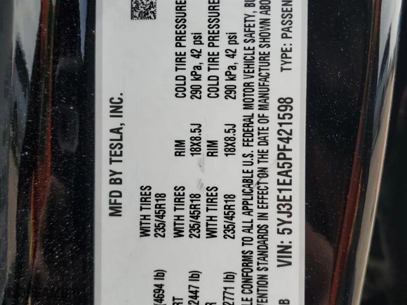 2023 Tesla Model 3 with VIN 5YJ3E1EA5PF421598, listed as a Copart auction lot 47036995 with 6,511 mi miles and Salvage Title. Bid and sale history available at carsss.com. Image 14.