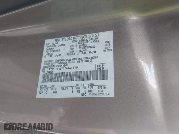 2001 Ford F-150 XL with VIN 1FTRF18W11NA61110, listed as a IAAI auction lot 42288546 with Not provided miles and . Bid and sale history available at DreamBid. Image 9.