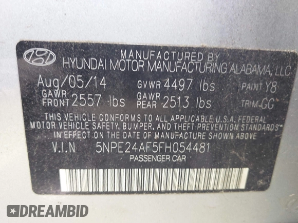 2015 Hyundai Sonata SE with VIN 5NPE24AF5FH054481, listed as a IAAI auction lot 42183252 with 107,370 mi miles and . Bid and sale history available at DreamBid. Image 9.