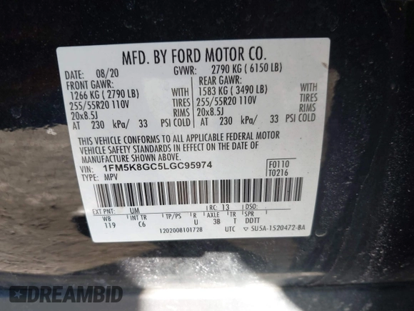 2020 Ford Explorer ST with VIN 1FM5K8GC5LGC95974, listed as a IAAI auction lot 41721829 with 64,870 mi miles. Bid and sale history available at carsss.com. Image 9.