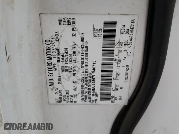 2007 Ford Explorer Eddie Bauer with VIN 1FMEU64867UB40713, listed as a Copart auction lot 69561014 with 232,726 mi miles and Salvage title. Bid and sale history available at DreamBid. Image 13.