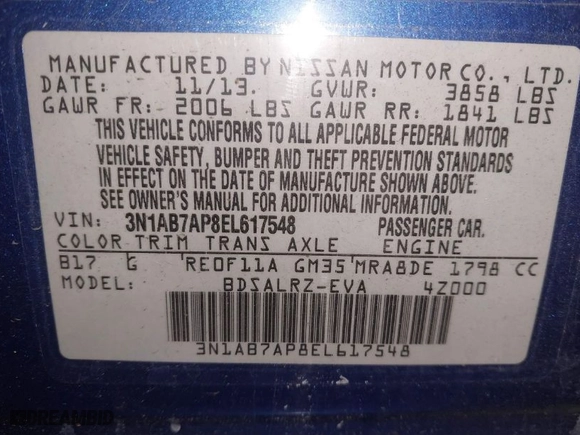 2014 Nissan Sentra SV with VIN 3N1AB7AP8EL617548, listed as a IAAI auction lot 40829452 with 72,461 mi miles. Bid and sale history available at carsss.com. Image 9.