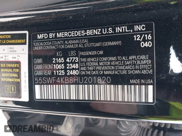 2017 Mercedes-Benz C 300 with VIN 55SWF4KB8HU201820, listed as a IAAI auction lot 41459590 with 90,775 mi miles and . Bid and sale history available at carsss.com. Image 9.