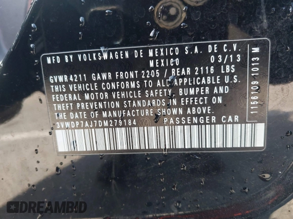 2013 Volkswagen Jetta SE with VIN 3VWDP7AJ7DM279184, listed as a IAAI auction lot 42387002 with 84,288 mi miles and . Bid and sale history available at DreamBid. Image 9.
