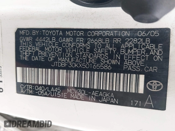 2005 Toyota Camry LE with VIN JTDBF30KX50165586, listed as a IAAI auction lot 41948322 with 84,326 mi miles and . Bid and sale history available at DreamBid. Image 9.