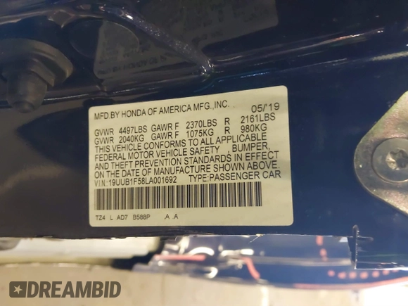 2020 Acura TLX w/Technology Pkg with VIN 19UUB1F58LA001692, listed as a IAAI auction lot 41562503 with 70,664 mi miles. Bid and sale history available at carsss.com. Image 9.