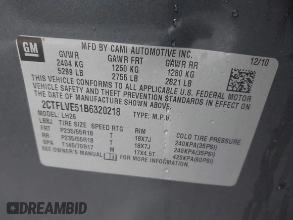 2011 GMC Terrain SLT-1 with VIN 2CTFLVE51B6320218, listed as a IAAI auction lot 41866108 with 153,370 mi miles and . Bid and sale history available at DreamBid. Image 9.