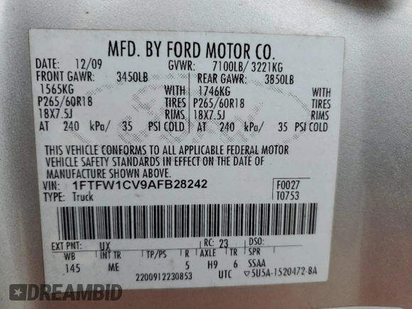 2010 Ford F-150 XL with VIN 1FTFW1CV9AFB28242, listed as a Copart auction lot 47129705 with 244,097 mi miles and Non Repairable. Bid and sale history available at carsss.com. Image 12.