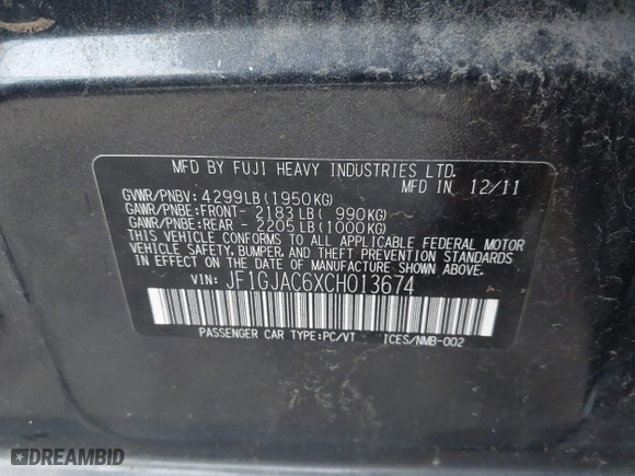 2012 Subaru Impreza Sedan 2.0i Premium with VIN JF1GJAC6XCH013674, listed as a IAAI auction lot 41081921 with 104,703 mi miles. Bid and sale history available at carsss.com. Image 9.