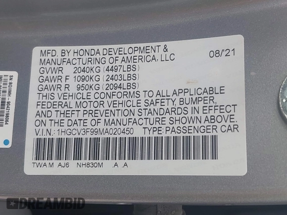 2021 Honda Accord Touring with VIN 1HGCV3F99MA020450, listed as a IAAI auction lot 42194371 with 19,206 mi miles and . Bid and sale history available at DreamBid. Image 9.