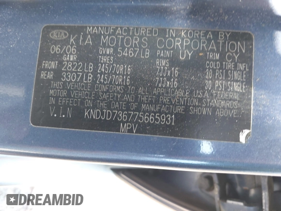 2007 Kia Sorento LX with VIN KNDJD736775665931, listed as a IAAI auction lot 42471301 with 119,870 mi miles and . Bid and sale history available at DreamBid. Image 9.