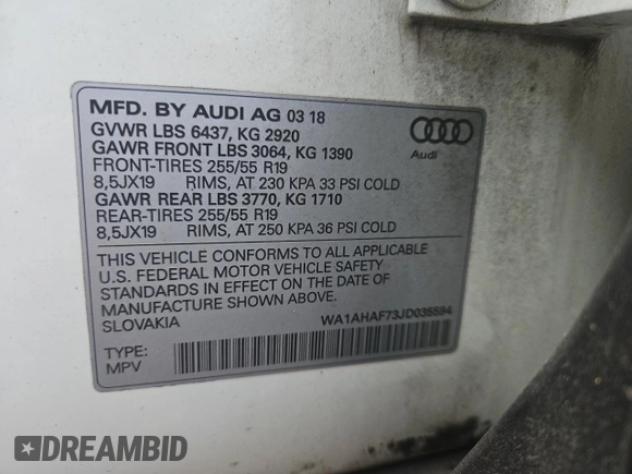 2018 Audi Q7 Premium с VIN WA1AHAF73JD035594, выставлен на аукционе Copart как лот 65699185 с пробегом 50 068 миль миль и Чистый • Clean title. История ставок и продаж доступна на DreamBid. Изображение 10.