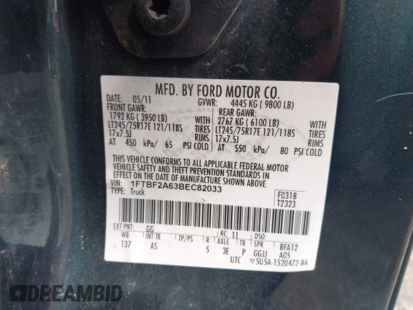 2011 Ford F-250 XL with VIN 1FTBF2A63BEC82033, listed as a IAAI auction lot 42210415 with Not provided miles and . Bid and sale history available at DreamBid. Image 9.