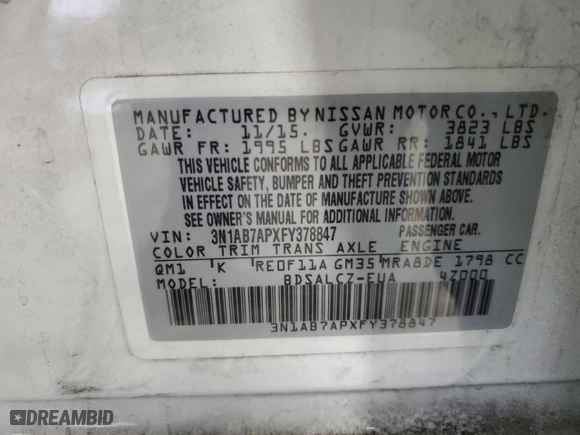 2015 Nissan Sentra SV with VIN 3N1AB7APXFY378847, listed as a Copart auction lot 46881525 with 156,175 mi miles and Salvage Title. Bid and sale history available at carsss.com. Image 12.
