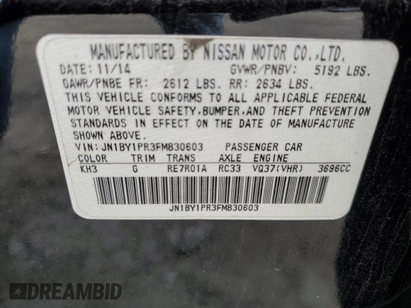 2015 Infiniti Q70 with VIN JN1BY1PR3FM830603, listed as a Copart auction lot 55397975 with Not provided miles and Non repairable. Bid and sale history available at DreamBid. Image 12.